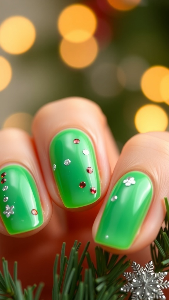 Close-up of jelly green Christmas nails with glitter and holiday decals.